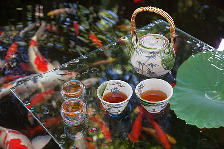 夏天池塘里的金鱼和水上的茶杯茶叶图片