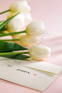 桌上的康乃馨花和信封贺卡图片