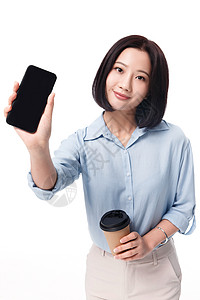 东方人办公室职员青年女人女白领手拿咖啡杯图片