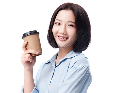 水平构图现代青年女人女白领手拿咖啡杯图片