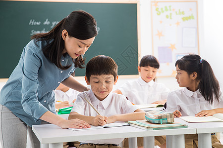 孩子在黑板写字老师和小学生们在教室里背景