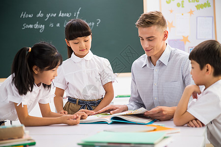 讲解知识的教师外教老师和小学生在教室里背景