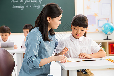 孩子在黑板写字老师和小学生们在教室里背景