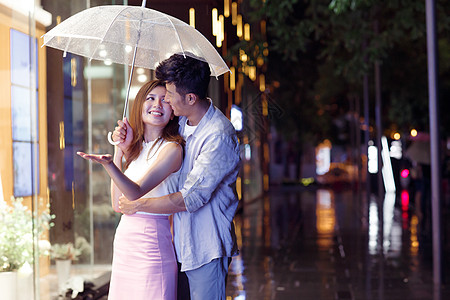 橱窗下雨天夜里一起逛街的情侣背景
