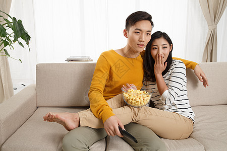 享乐人青年伴侣青年情侣坐着沙发上看电视图片