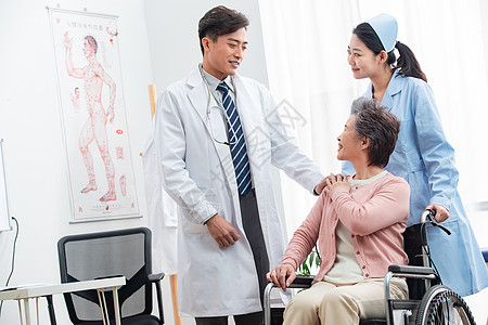 老年护理医护服医生办公室技能医务工作者和老年患者交谈背景