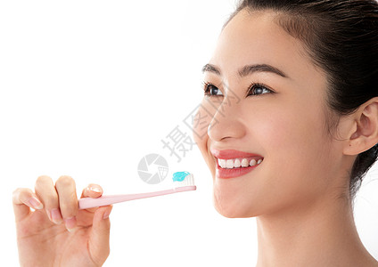笑脸亚洲皮肤脸颊活力青年女人刷牙背景