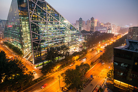 地标建筑高视角街道北京侨福芳草地大厦夜景办公大楼高清图片素材