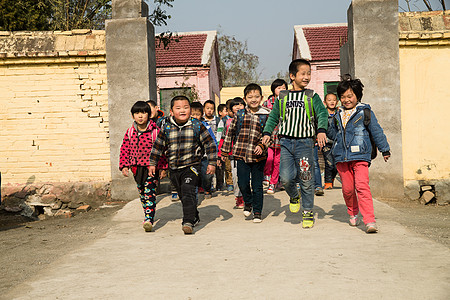 童年团队步行乡村小学生在放学回家背景图片