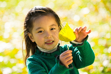 漂亮的人周末活动叶子可爱的小女孩在户外玩耍图片