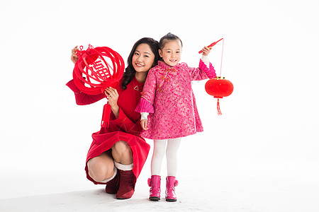 满意亚洲人祝福幸福母女庆祝新年图片