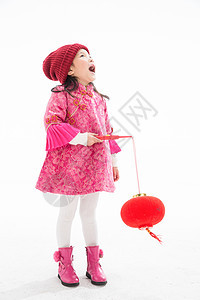 中式衣领健康的帽子可爱的小女孩拿着灯笼图片