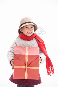 粉色缎带礼品盒温馨家园展示家庭生活小女孩过年拿着礼品盒背景
