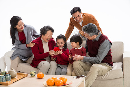 老年女性三代同堂六个人老年夫妇幸福家庭过新年背景