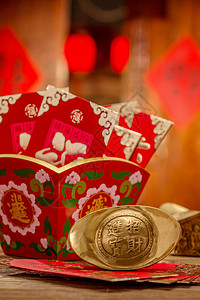古代钱包节日古典式亚洲金元宝和红包背景