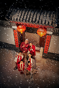 中式全家福全家福元素门口快乐家庭过新年背景