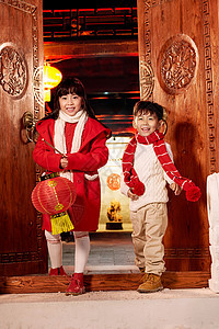 亚洲新年两个人快乐儿童过年图片