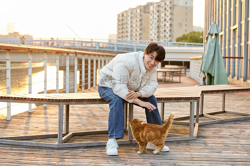 秋冬男性室外与猫咪互动图片