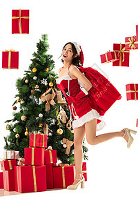 放松享乐东方人穿着圣诞服的年轻女人和圣诞礼物图片
