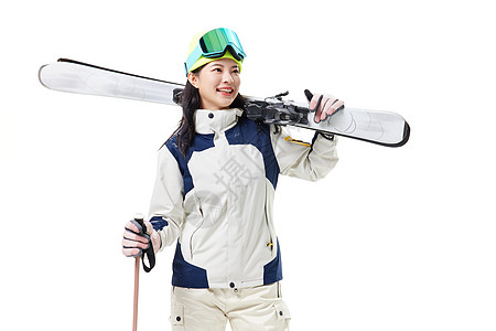 年轻美女抗着滑雪板图片