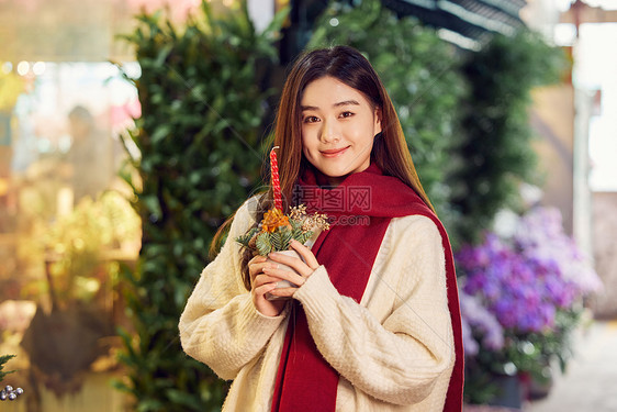青年女性逛圣诞花卉集市图片