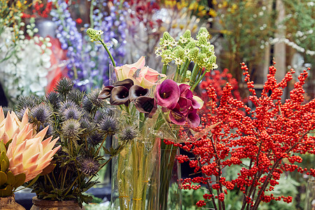 花瓶组合花卉市场的花束背景