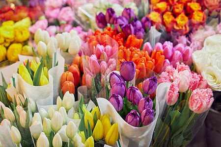 绿花组合花瓶花卉市场的花束背景