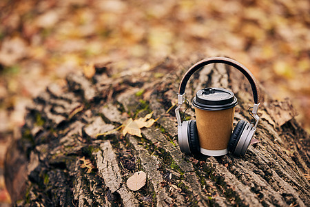 秋天落叶树干上的耳机和咖啡杯背景