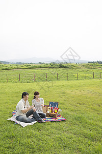 年轻夫妇户外草地郊游野餐图片