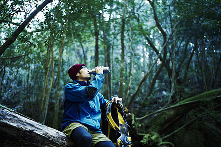 侧脸欣赏森林景观的男人喝水休息图片