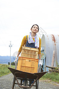 女人在田间小路上推着独轮车图片