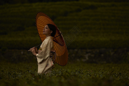 在茶园穿和服的优雅女人图片