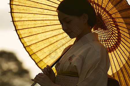 优雅的和服女人在茶园散步图片