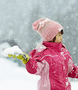 玩雪球小女孩雪地里拿着雪球投掷的小女孩背景