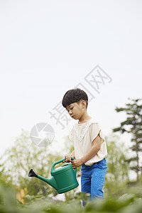 拿着洒水壶浇水的小男孩背景图片