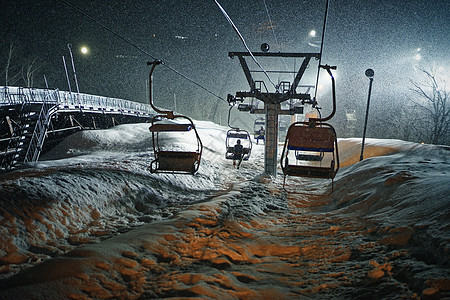 雪天夜晚滑雪场的缆车图片