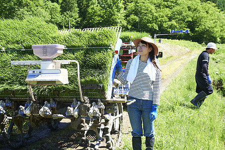 开拖拉机种植插秧的农业妇女图片