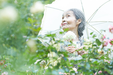 花园里拿着遮阳伞的老年人图片