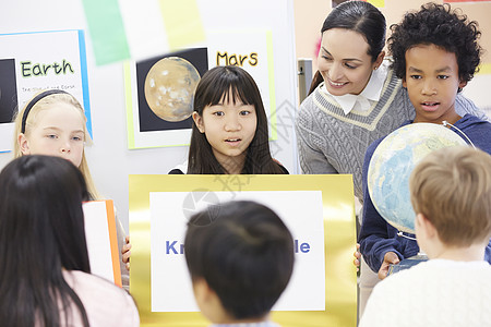 孩子地球仪国际学校班级的小学生举着公告背景