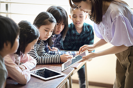 小学生在老师的指导下学习平板电脑使用知识图片