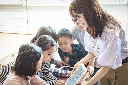 小学生在老师的指导下学习平板电脑使用知识背景图片