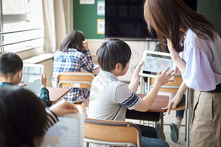 小学生在老师的指导下学习电脑使用知识图片