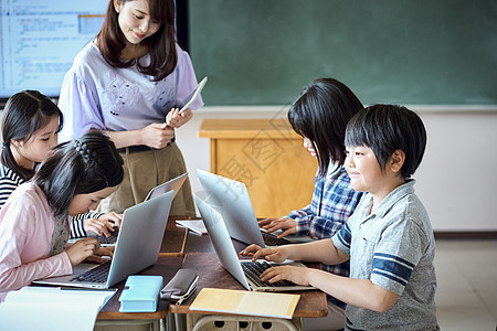 老师在教学生用电脑查询资料背景图片