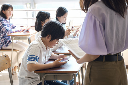 同学背影老师在教学生如何使用数码产品学习背景