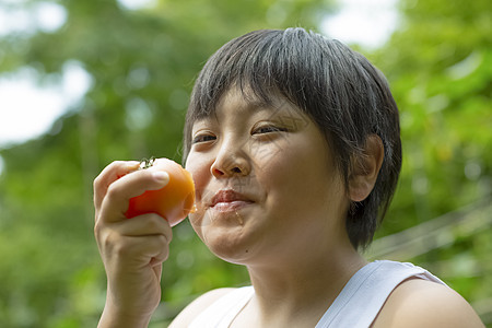 室外男孩在吃西红柿图片