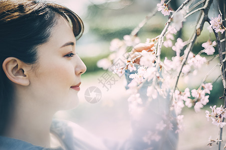 出门外出室外女人樱花春天妇女画象背景