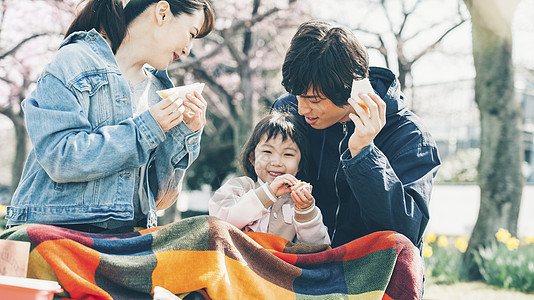 一家人在公园赏樱野餐图片