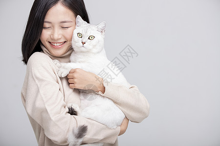 青春欣赏复制空间猫拥抱女人灰色背景画像图片