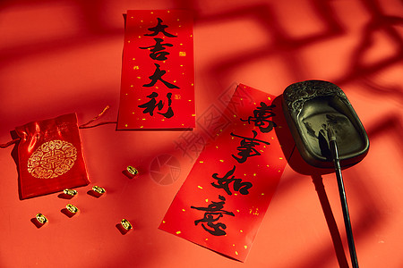 红色中国风虎年春节春节年货和对联背景