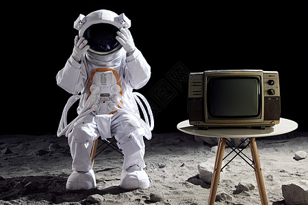 太空科技身旁放着电视机的宇航员背景
